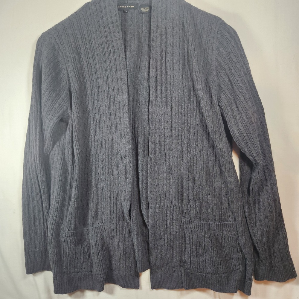 Jeanne Pierre Womens Charcoal Gray Cotton Cable Knit Open Front Cardigan Large